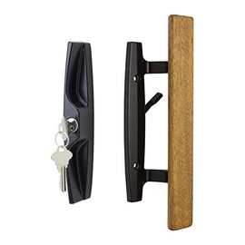 FPL Lanai Sliding Glass Door Handle Set with Oak Wood Pull in Black Finish, Includes Key Cylinder, Standard 3-15/16” CTC Screw Holes, 1-3/4" Door Thickness