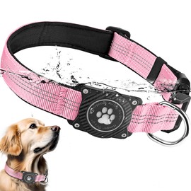 Ytanest Reflective AirTag Dog Collar, Waterproof Air Tag Dog Collar Holder, Luminous,Comfortable and Durable Padded Heavy Duty Dog Collars for Small Medium Large Dogs, Pink, L