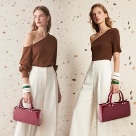 SKYK Glossy Patent Faux Leather Handbag for Women Small Satchel Purse Shoulder Bag Top Handle Bags (Wine Red)