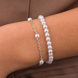 Inateannal Boho Layered Pearl Bracelet Silver Freshwater Pearl Bracelet Pearl Bead Chain Bracelet Pearl Stretch Bracelets Pearl Satellite Hand Chain Minimalist Peral Beaded Bracelet