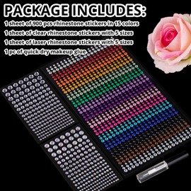 1294 Pcs Rhinestone Stickers 3-8mm Clear+LASER+Colorful Self Adhesive Face Gems Stick on Body Crystal Jewels with Makeup Glue for Face Eye Hair Nails Make up and Craf Decorations