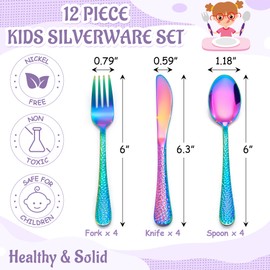 E-far 12-Piece Toddler Utensils, Stainless Steel Kids Silverware Set, Small Children Flatware Includes 4 Forks 4 Spoons 4 Knives, Safe for Self Feeding, Healthy & Non-Toxic, Rainbow