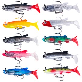 UTMACH Pack of 10 Rubber Fish Fishing Lures Rubber Fish with Jig Head Fishing Lure Set Fishing Bait Predator Fishing Lures Artificial Bait Rubber Bait for Pike Fishing, Perch Bait, Wobbler for Sea