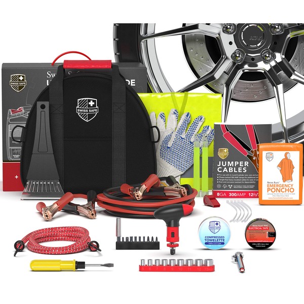 Swiss Safe 2-in-1 Emergency Car Kit, with Hardcase First Aid Kit (348 Piece), 12-Foot Jumper Cables