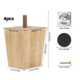 Luabue Set of 4 Furniture Feet, Wood, 6 cm, Table Legs, Square Furniture Legs, Wood Colour, Cabinet Feet, Square Cabinet Feet for Sofa, Bed, Couch, Chair