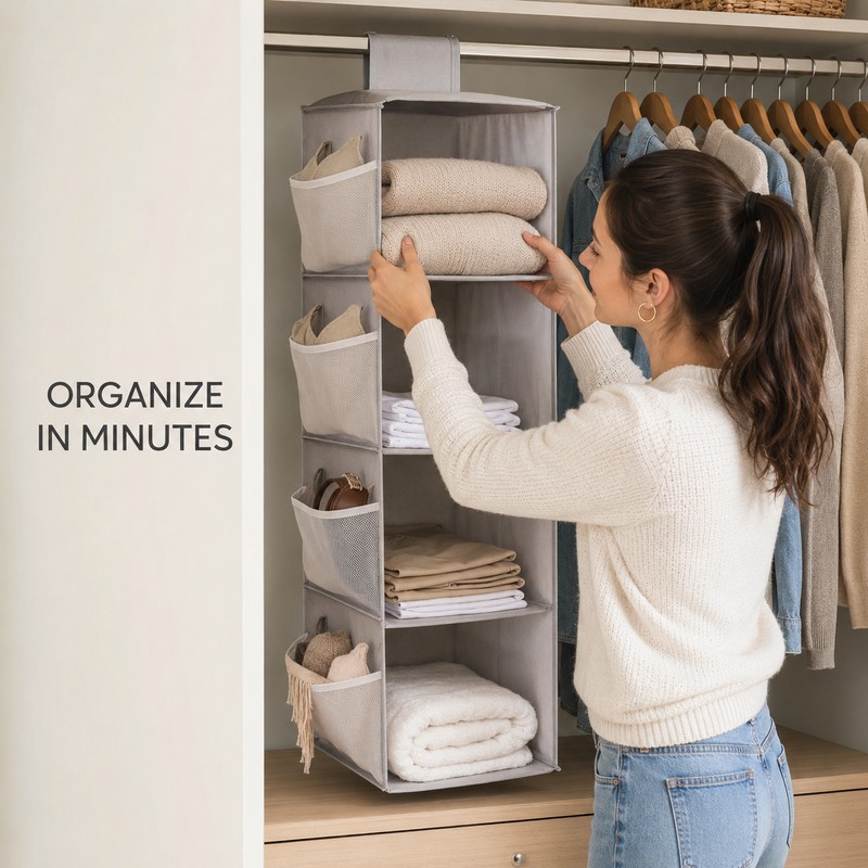 Foldable Hanging Closet Organizer with Mesh Side Pockets, Washable Non-Woven