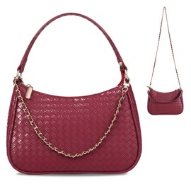 Woven Shoulder Bag for Women Gifts Detachable Strap Vegan Leather Hobo Handbag Purses Quilted Crossbody Crescent Mini Clutch, Burgundy