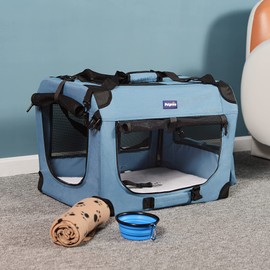 Petprsco Portable Collapsible Dog Crate, Travel Dog Crate 24x17x17 with Soft Warm Blanket and Foldable Bowl for Large Cats & Small Dogs Indoor and Outdoor