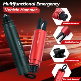 LUOJINYI Emergency Hammer Car with Seat Belt Cutter, 2 Pieces Seat Belt Cutter Emergency Hammer Car, 2 in 1 Emergency Hammer with Seat Belt Cutter and 2 Holders for Safety, Car Safety Hammer, Red and