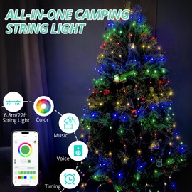 VINTEAM 22ft RGB String Lights, Waterproof Portable Tent Light with APP Smart Control, Lights Sync with Music for Camping, Parties, and Home Decoration