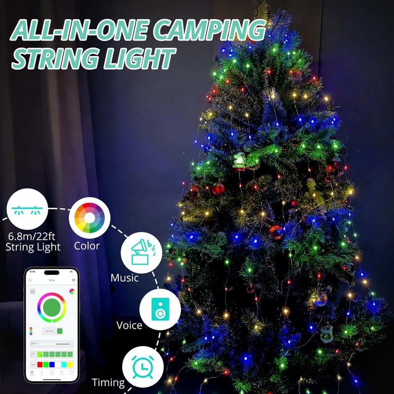 VINTEAM 22ft RGB String Lights, Waterproof Portable Tent Light with