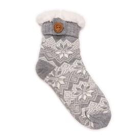 MUK LUKS Women's Fold Over Button Tab Cabin Sock, Grey, S/M