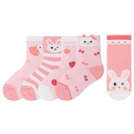Holopoda Girls Cotton Crew Socks 5 Pairs, Soft Breathable for 2-5 Years Kids, Cozy Cartoon Patterns with Floral & Animal Designs (Pink & White)