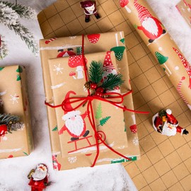 Yarcony Kraft Christmas Wrapping Paper Roll, Gnome Christmas Gift Wrapping Paper, Recycled Retro Festive Woodland Gnome Mushroom Gift Wrap Present Paper for Winter Holiday, Crafts (17 Inch X 33 Feet)