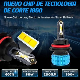Focos LED 9007 HB5 Kit de Auto, 280W 32000LM 600% Brillante - 2 Piezas | 6500K Luz Blanco, Luces 9007 LED Alta y Baja para Faros Delanteros, 1:1 Tamañ