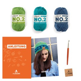 myboshi Iizuka Crochet Set Including No.2 Wool, Needle and Instructions, Summer Hat, Crochet Pack, 85% Cotton, 15% Kapok Blue with Crochet Hook