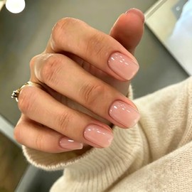 Uñas Postizas Cortas Cuadradas Nude, Uñas de Gel Naturales, Uñas Acrílicas Adhesivas con Capa Protectora, Uñas Postizas Reutilizables de Color Sólido,