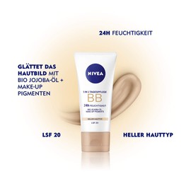 NIVEA BB 5 in 1 Day Cream 24h Moisture (50 ml), BB Cream for Light Skin Types with SPF 20, Tinted Day Cream with Organic Jojoba Oil & Makeup Pigments