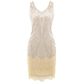 BABEYOND 1920s Women's Flapper Dress with Short Sleeves Gatsby Theme Party Women's Costume Dress Set - BeigeS