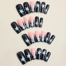 24 Pcs French Tip Press on Nails Long Square RIICFDD Fake Nails Cute Star Pattern Glossy Nude Full Cover Stick on Nails with Rhinestone Designs Y2K False Nails for Women and Girls Artificial Nails