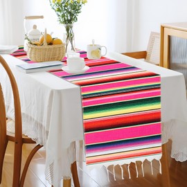 Mexican Table Runner, Mexican Fiesta Party Decorations, 14"x84" Fiesta Table Runner Cinco De Mayo Party Decorations, Boho Colorful Striped Runner Cotton Blanket Mexican Theme Party Supplies, Hot Pink