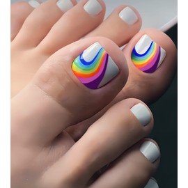 Aegenacess 28pcs Toenail Press on Summer Fake Toe Nails Press ons False Nail Tips Beach Short Pedicure Kit for Women and Girls (Wave Colorful)