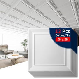 Art3dwallpanels Ceiling Tiles 24 x 24 Drop Ceiling Tiles, 12 Pack Drop in High Grade PVC Wall Panels, Fire Rated, Waterproof, Light Weight, Cover 48 Sq.Ft, White