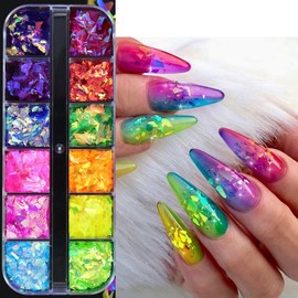 12 Grid Color Holographic Mermaid Nail Art Glitter, Gradient Bright ice slag Nail Art Sequins Irregular Rainbow Candy Color Nail Sequins Summer Metal foil Nail Art DIY Nail Art Decoration