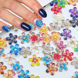 50Pcs Flower Nail Charms Resin Flowers Flat Back Nail Designs Mixed 3D Colorful Gradient Flower Nails Rhinestones Bronzing Gold Flowers Nails Gems Jewelry for Women Summer DIY Manicure Art Supplies