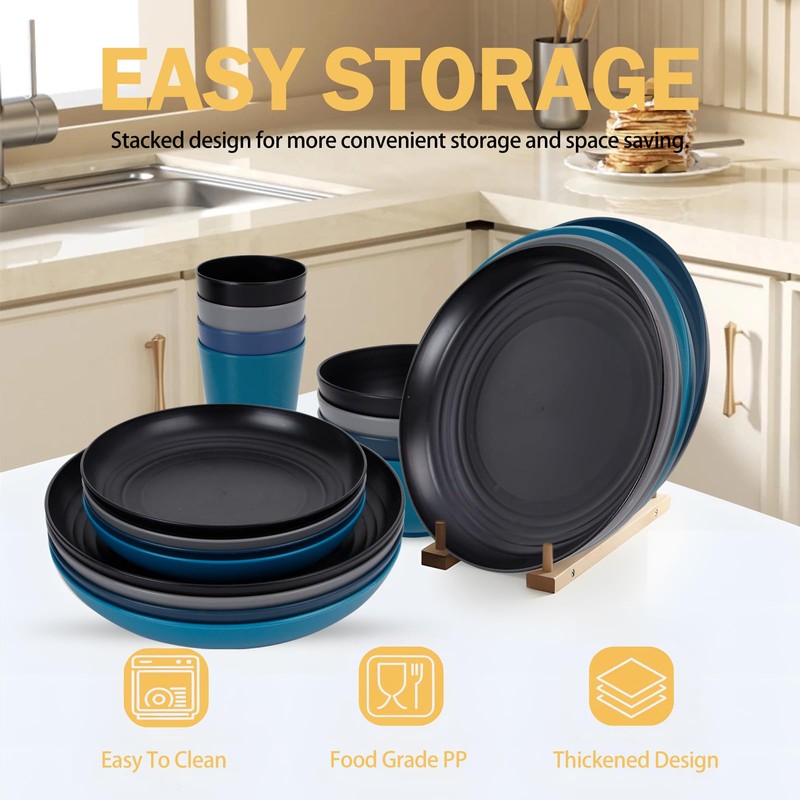 Rubtlamp 16Pcs Plastic Wheat Straw Dinnerware Set, Reusable Plastic Dishes