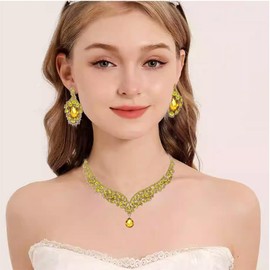 Qlavoca Women Fashion Jewelry Set Crystal Bridal Statement Necklace Teardrop Pendant Necklace Cluster Dangle Earring (Yellow)