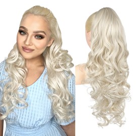 REECHO Ponytail Extension, 26 Inch Drawstring Ponytail Extension Long Curly Wavy Pony Tails Hair Extensions Natural Fake Synthetic Clip in Ponytail Hairpiece for Women Daily, Platinum Blonde