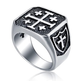 Jerusalem Cross Rings for Men,Mens Stainless Steel Christian Signet Ring,Vintage Silver Catholic Templar Ring in Size 7-15, Stainless Steel