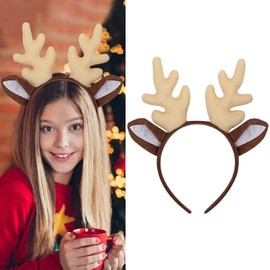 Xepeelo Off White Antlers Headband Christmas Hairband Christmas Deer Hair Hoop Brown Deer Ear Head Band Xmas Festival Headwear Hair Accessories for Christmas Makeup Party