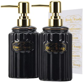 SOOKDEO Soap Dispensers, 14oz Ceramic Bottles with Gold Pumps & Waterproof Labels for Shampoo, Hand Soap, Dish Soap, Lotion, Body Wash - Ideal for Bathroom, Kitchen, Living Room, Set of 2 (Black)