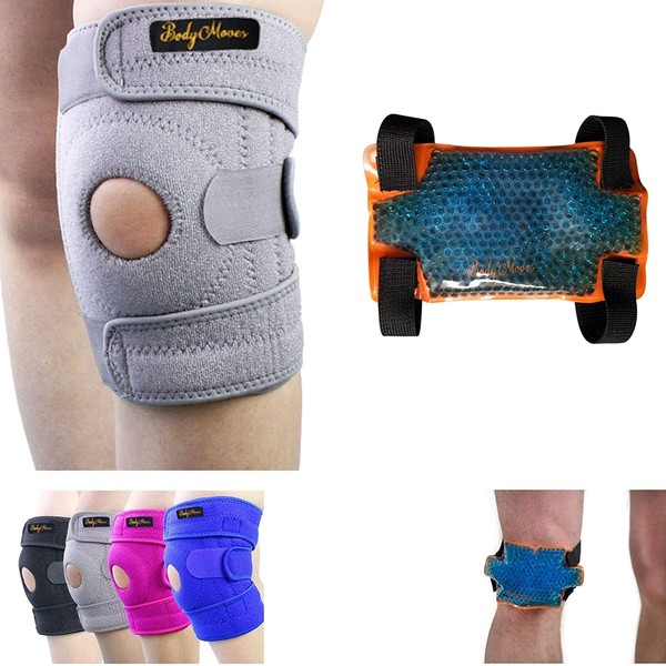 BodyMoves Kid's Knee Brace Support Plus Hot and Cold Ice gel Pack for stabilizing patella meniscus tear ligament injury prevention (COOL GRAY)