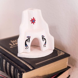 Incienso de Santa Fe - White Southwest Style Corner Fireplace Kokopelli in Black with Turquoise and Red Accents - Natural Wood Incense Burner, Includes 40 Piñon Incense Bricks - Made in The USA