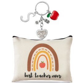 DGjianfei 2pcs Teacher Appreciation Gift Set Best Teacher Ever Makeup Pouch and Thank You Initial Letters Keychain Canvas Cosmetic Bag Zipper Pouch Thanksgiving Christmas Graduation Gift for Teacher