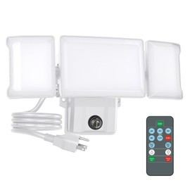 Olafus 80W Plug in Flood Lights Dusk to Dawn Outdoor Lighting, 8000LM Exterior LED Security Light with Remote, IP65 Waterproof, 6500K 3 Adjustable Heads Photocell Light for Yard Garage White
