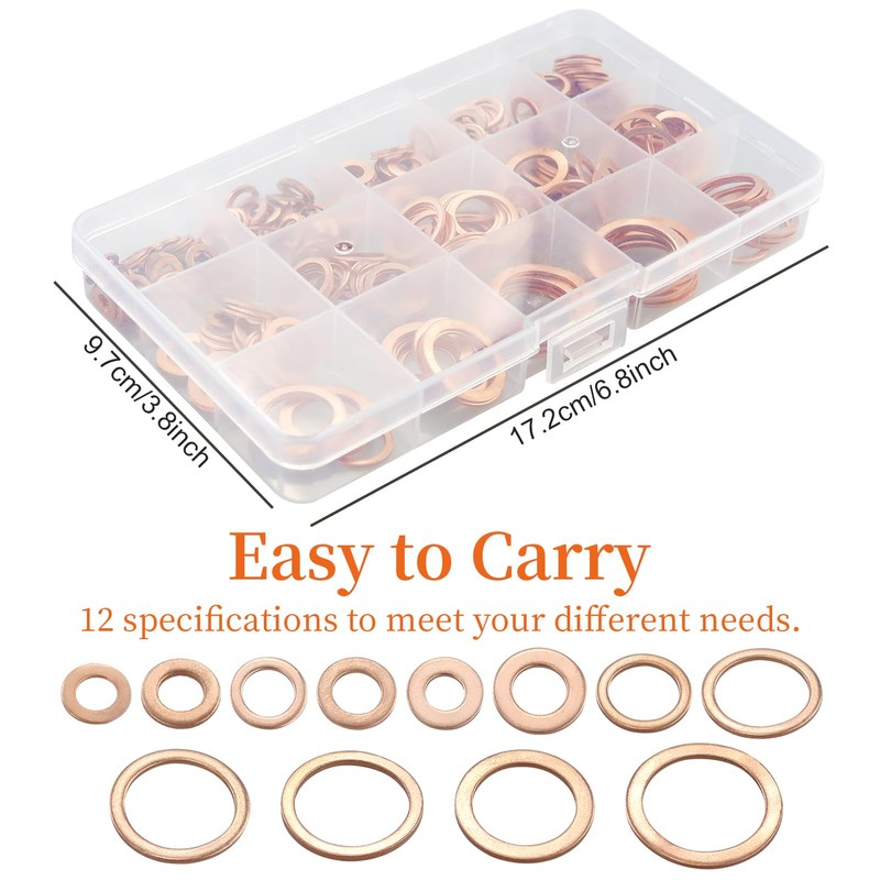 330 PCS Copper Sealing Rings Assortment Set, 12 Sizes Copper