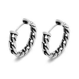 Punk Cuban Chain Huggie Hinged Hoop Earrings Stainless Steel Wreath Earrings for Men Women, Silver 14mm, Stainless Steel, No Gemstone