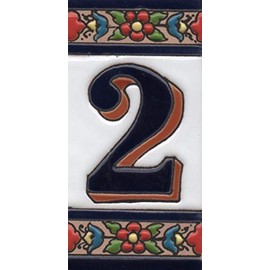 House Numbers Ceramic Numbers & Letters Tiles Red Blue & Green Floral Design Tile Size: 11cm x 5.5cm (Number 2)