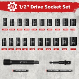 EGOFIX 1/2" Drive Impact Socket Rachtet Wrench Set, 23 Piece Metric (13-19, 21, 22, 24mm) and SAE (7/16 to 1 inch) Tool Set with Storage Box for Auto Repairing