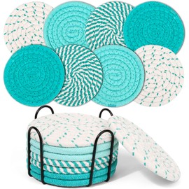 Chamgeco 8Pcs Drink Coasters with Metal Holder, Boho Cotton Woven Absorbent Coasters for Drinks, 4 Colors Minimalist Cup Coaster Set for Home Decor Coffee Table Protection Housewarming (Multi-color 3)