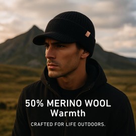 TOP-EX PolarWool™ XL/XXL 50% Merino Wool Peaked Beanie Hat Men Large Head with Fleece Lined, Winter Warm Golf Visor Beanie Hat Windproof for Golf Outdoor Work, Black