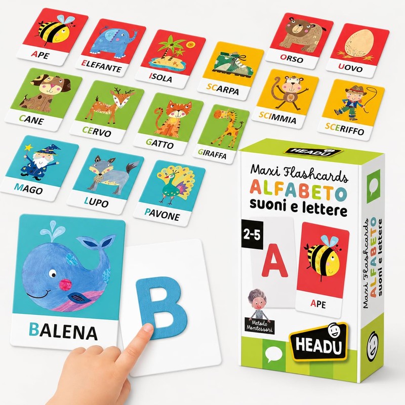 HEADU - Maxi Flashcards Montessori Alfabeto Suoni e Lettere -