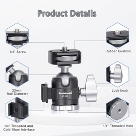 Koolehaoda Mini Ball Head, Tripod Head with 1/4" Screw and Cold Shoe, Aluminium 360° Rotatable Ball Head Camera Mount Adapter for DSLR Cameras Camcorder Tripod Monopod Light, Loading 11lbs