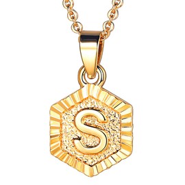 Focalook 26 letters A B C initial letters, pendant with 45 cm / 50 cm Rolo chain, hexagon/rectangle tag necklace for women, girls pendant loop, adjustable gold/ silver available for selection., s
