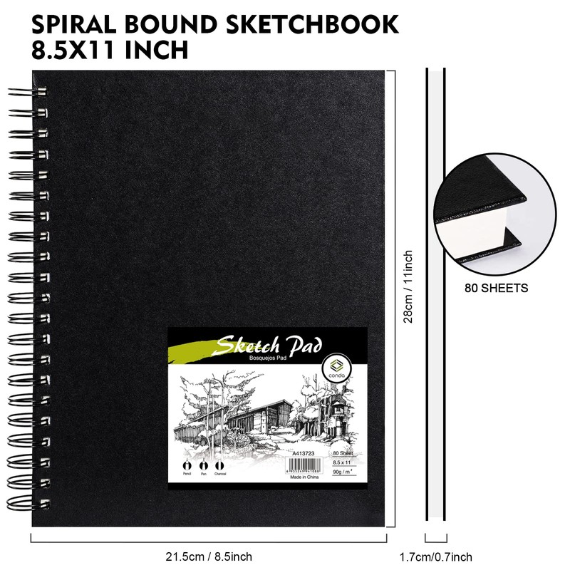CONDA 8.5"x11" Double-Sided Hardbound Sketchbook, 80 Sheets Hardcover Sketchbook, Spiral