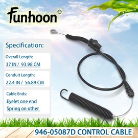 Funhoon Control Cable 946-05087D 37 INCH for MTD Cub Cadet XT1-LT42 XT1-LT46 XT2-LX42 XT2-LX46 946-05087 746-05087 PTO Handle Control Cable 42-inch Enduro Lawn Mowers